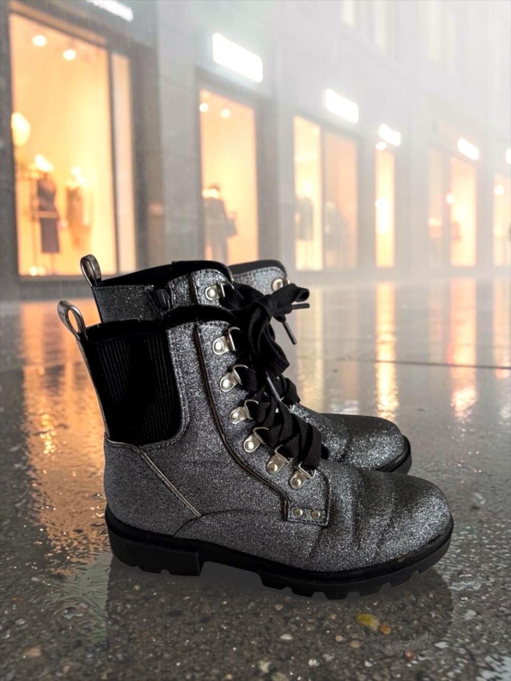 Justice Girls Combat Boots 🍂Silver Glitter Size 4 Like New